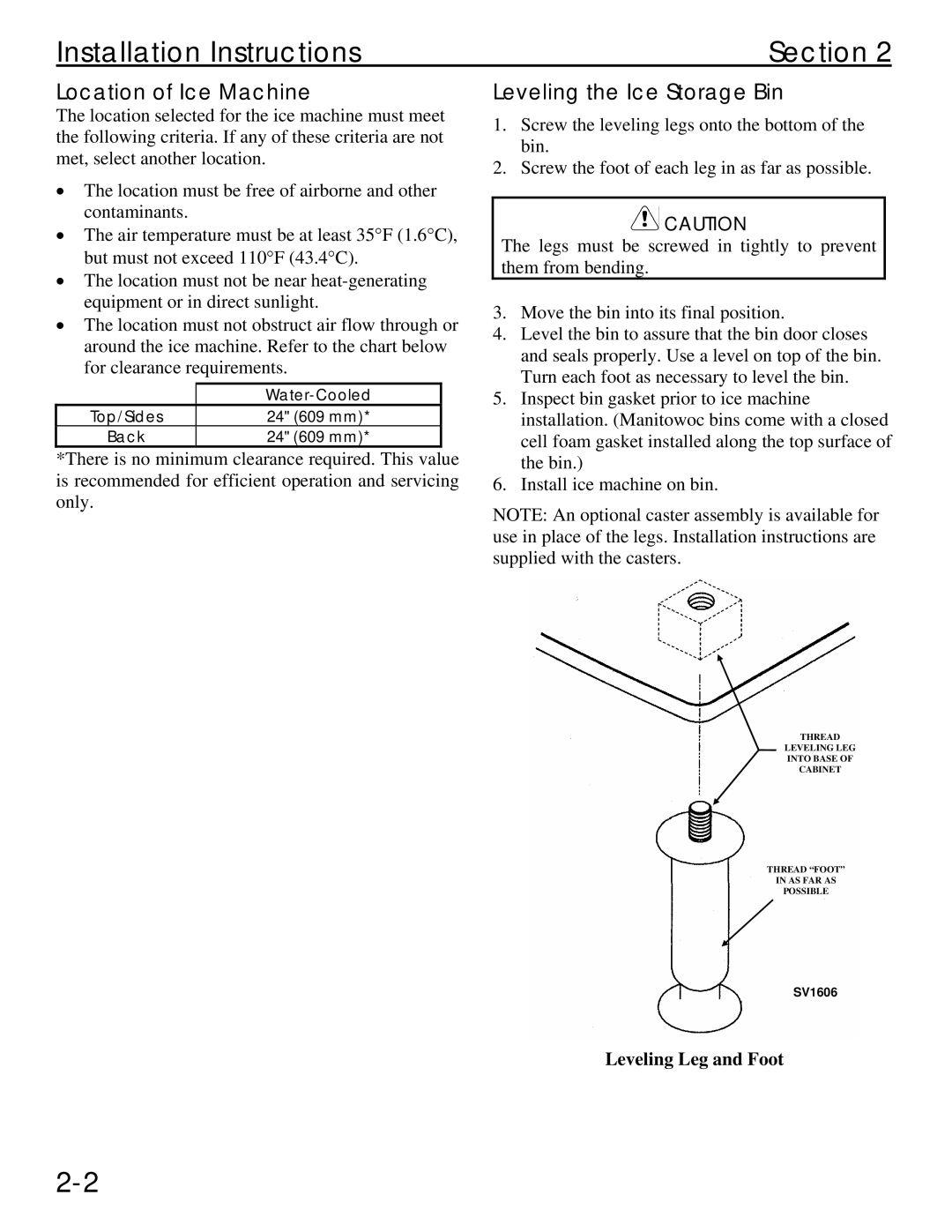 Manitowoc Ice Q 1800 manual Installation Instructions Section, Location of Ice Machine, Leveling the Ice Storage Bin 