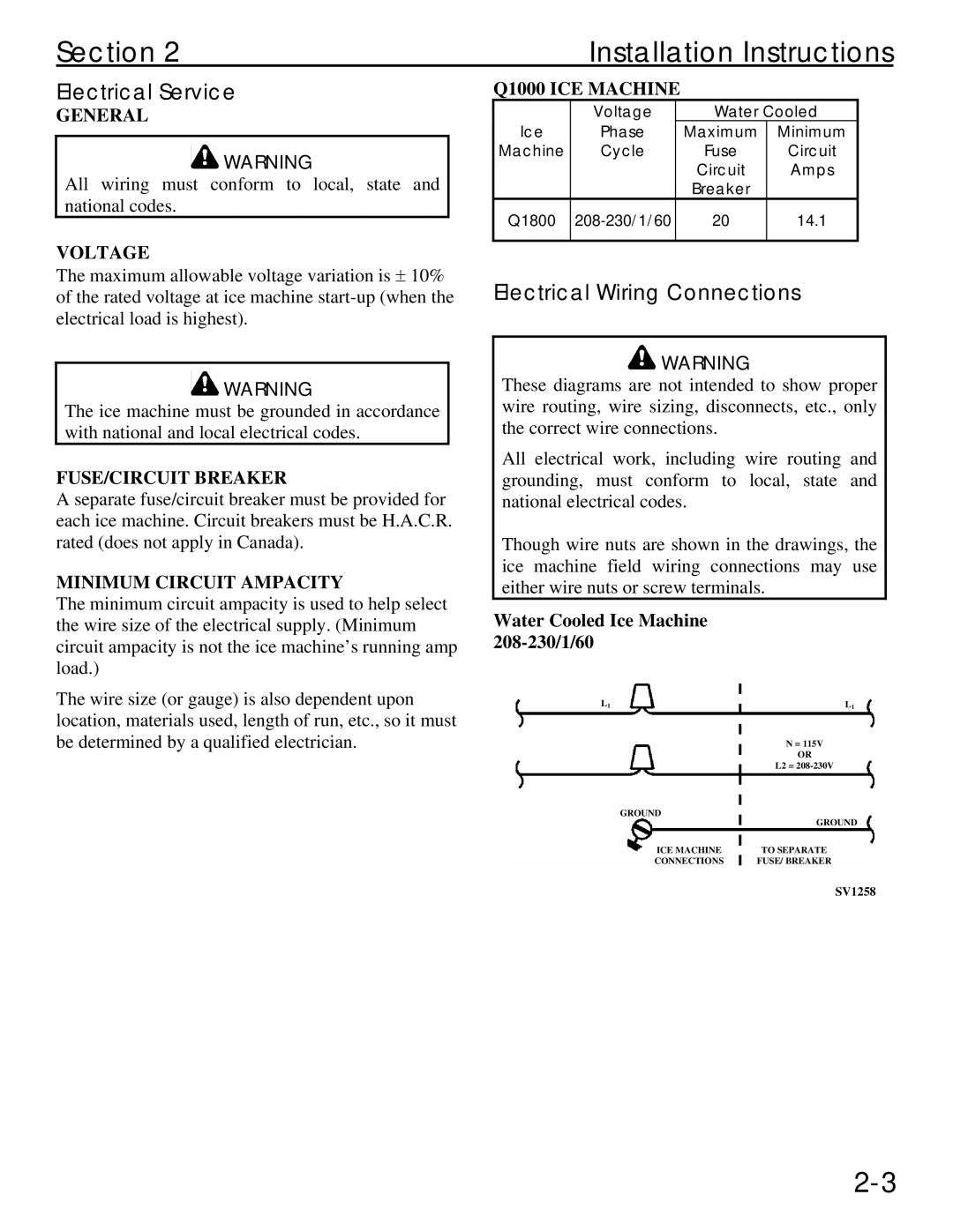 Manitowoc Ice Q 1800 manual Section Installation Instructions, Electrical Service, Electrical Wiring Connections 