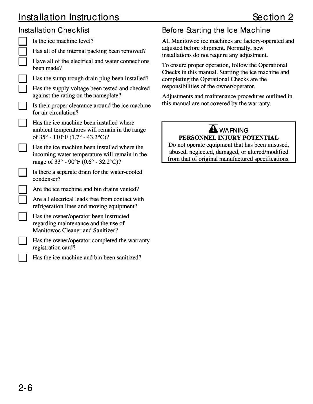 Manitowoc Ice Q 1800 manual Installation Checklist, Before Starting the Ice Machine, Personnel Injury Potential, Section 
