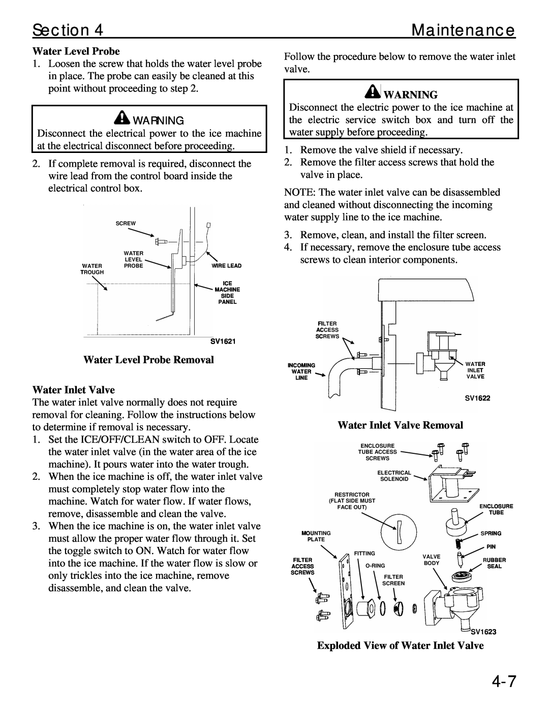 Manitowoc Ice Q 1800 manual Water Level Probe Removal Water Inlet Valve, Water Inlet Valve Removal, Section, Maintenance 