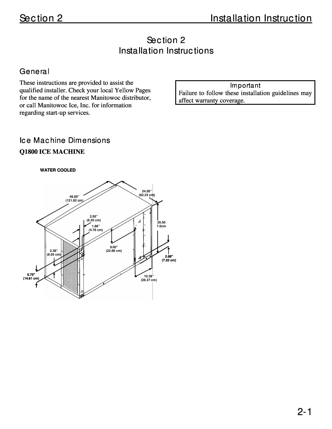 Manitowoc Ice Q 1800 manual Section Installation Instructions, General, Ice Machine Dimensions, Q1800 ICE MACHINE 