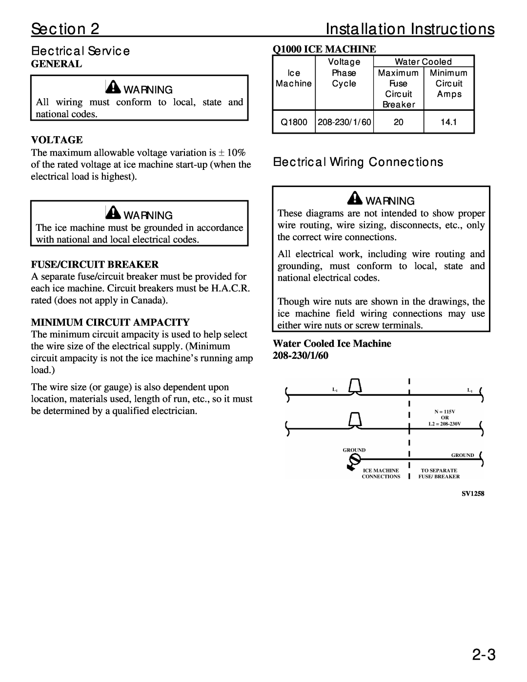 Manitowoc Ice Q 1800 manual Installation Instructions, Electrical Service, Electrical Wiring Connections, Voltage, Section 