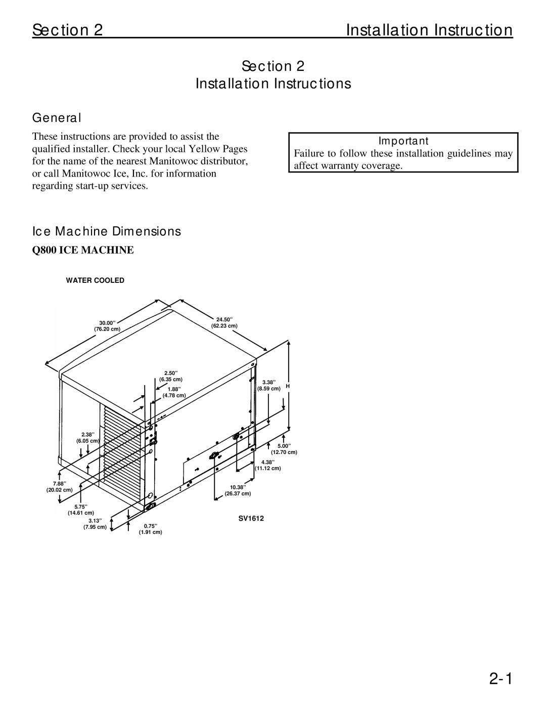 Manitowoc Ice Q 800 manual Section Installation Instructions, General, Ice Machine Dimensions, Q800 ICE Machine 