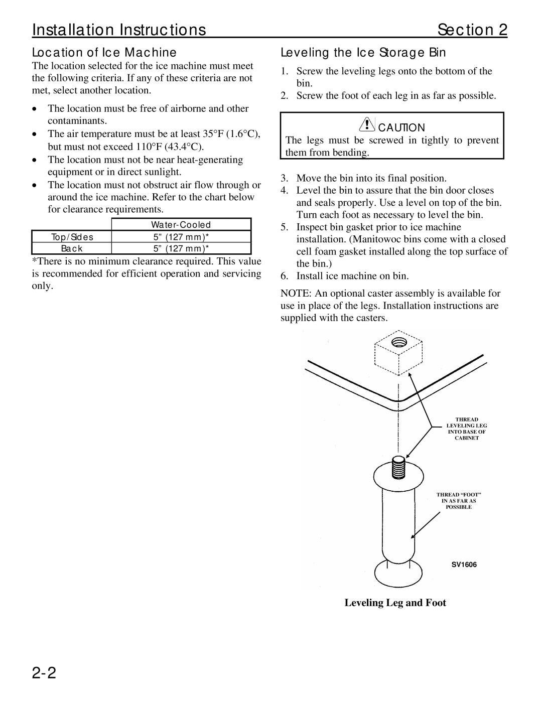 Manitowoc Ice Q 800 manual Installation Instructions Section, Location of Ice Machine, Leveling the Ice Storage Bin 