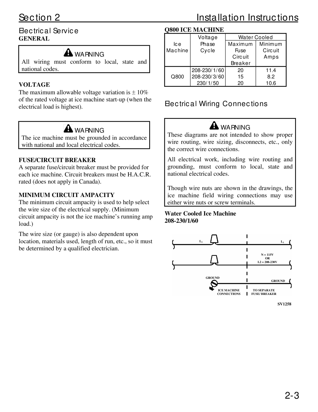 Manitowoc Ice Q 800 manual Section Installation Instructions, Electrical Service, Electrical Wiring Connections 