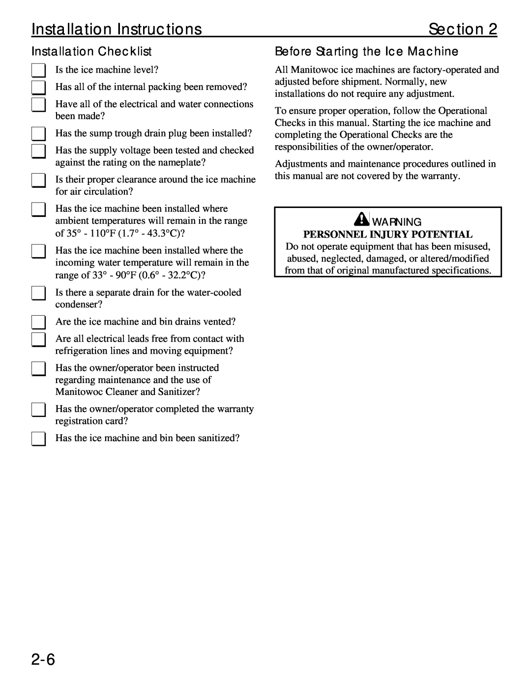 Manitowoc Ice Q 800 manual Installation Checklist, Before Starting the Ice Machine, Personnel Injury Potential, Section 