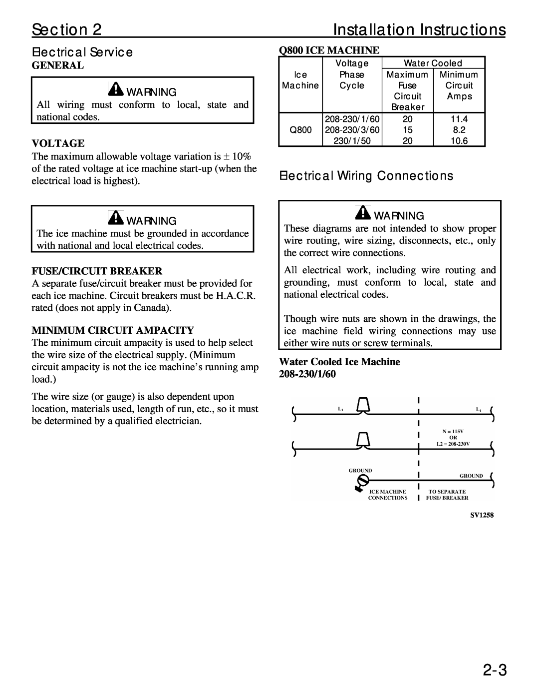 Manitowoc Ice Q 800 manual Installation Instructions, Electrical Service, Electrical Wiring Connections, Voltage, Section 