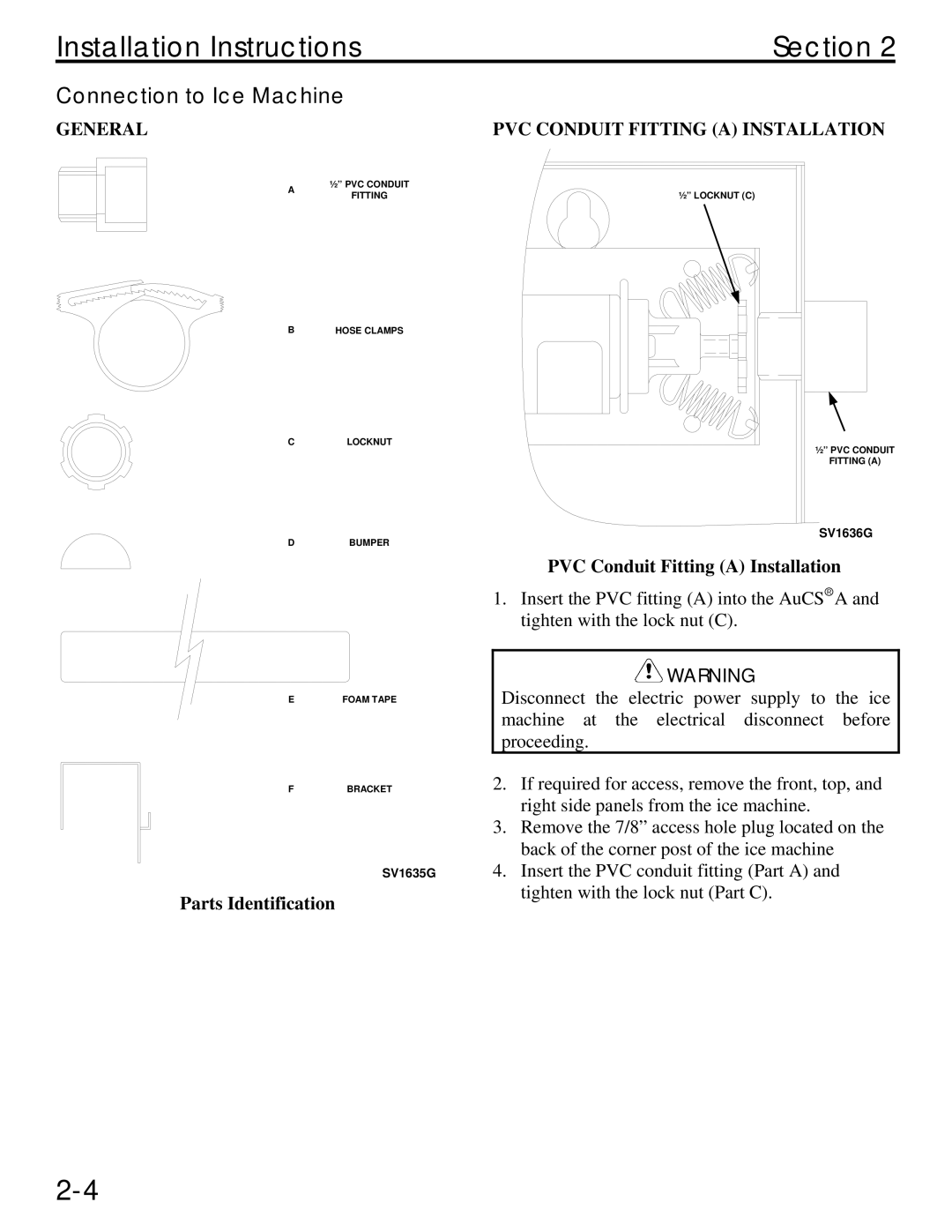 Manitowoc Ice Q specifications Connection to Ice Machine, PVC Conduit Fitting a Installation 