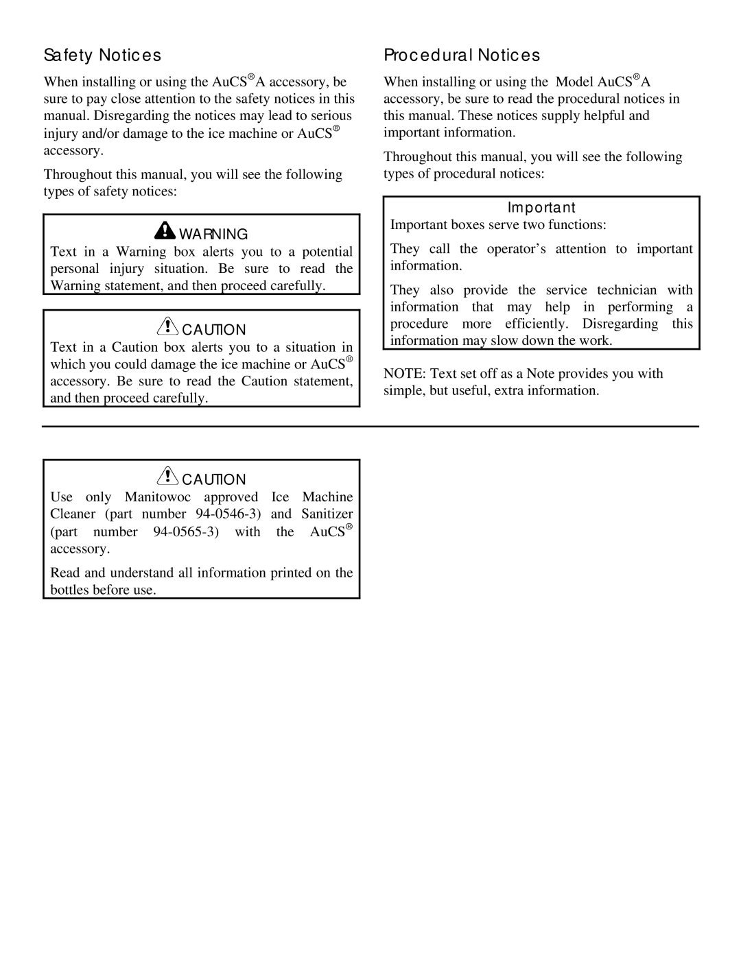 Manitowoc Ice Q specifications Safety Notices, Procedural Notices 