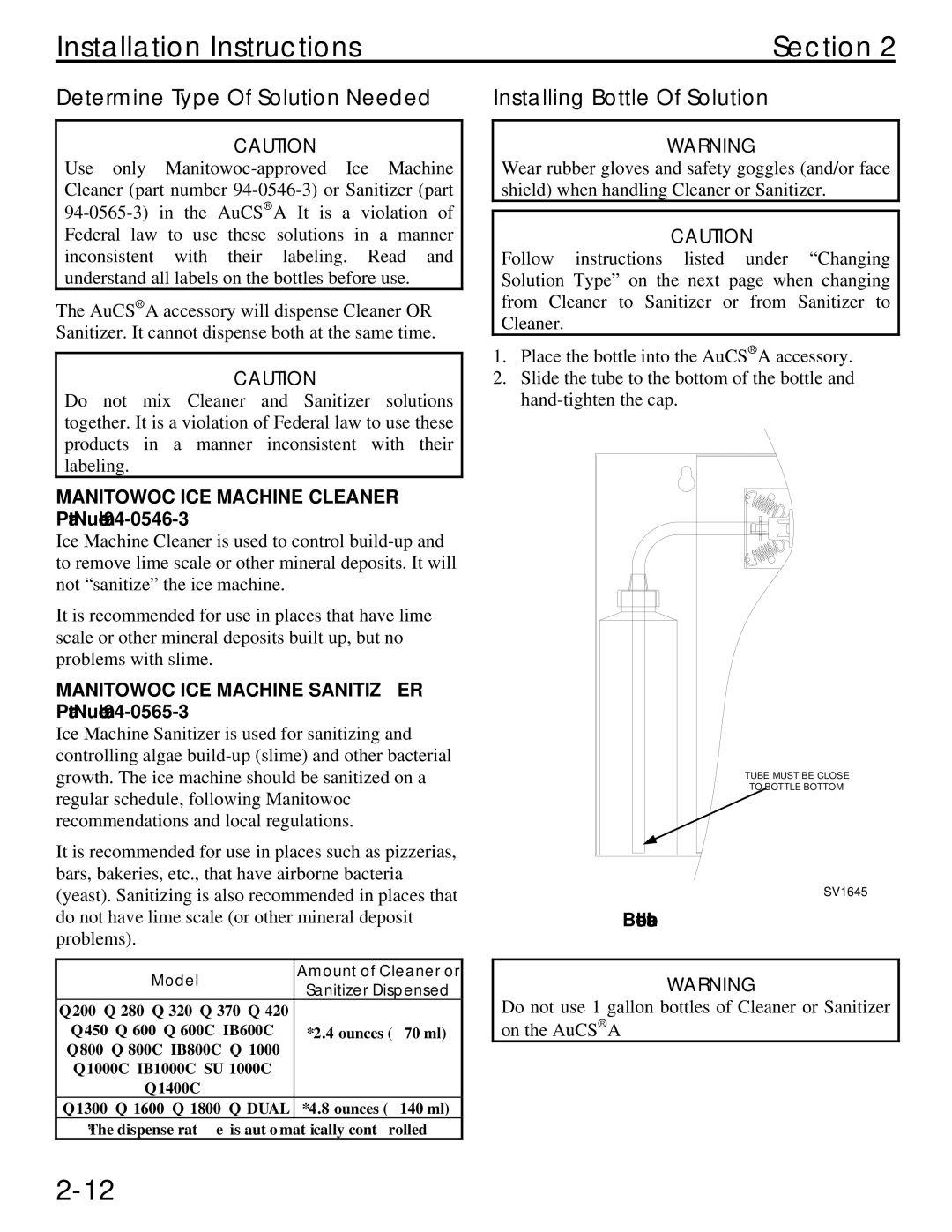 Manitowoc Ice Q specifications Determine Type Of Solution Needed, Installing Bottle Of Solution 