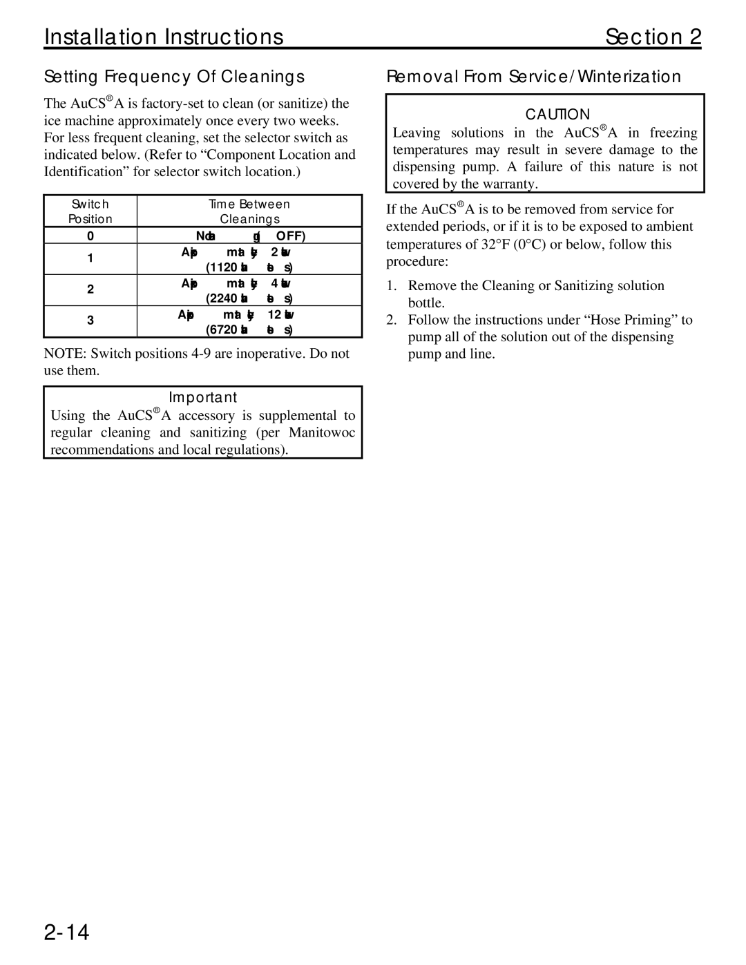 Manitowoc Ice Q specifications Setting Frequency Of Cleanings, Removal From Service/Winterization 