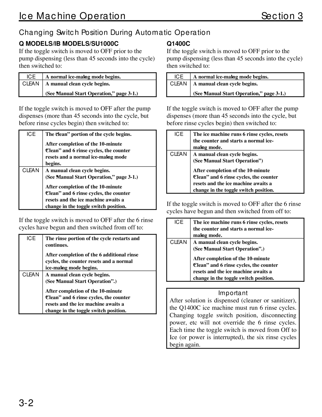 Manitowoc Ice Q specifications Ice Machine Operation Section, Changing Switch Position During Automatic Operation 