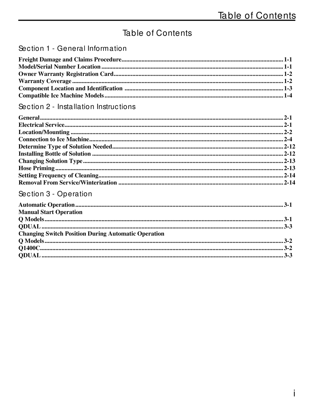 Manitowoc Ice Q specifications Table of Contents 