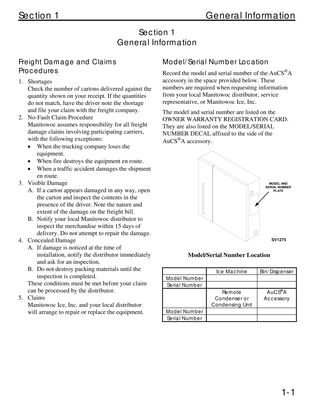 Manitowoc Ice Q Section General Information, Freight Damage and Claims Procedures, Model/Serial Number Location 