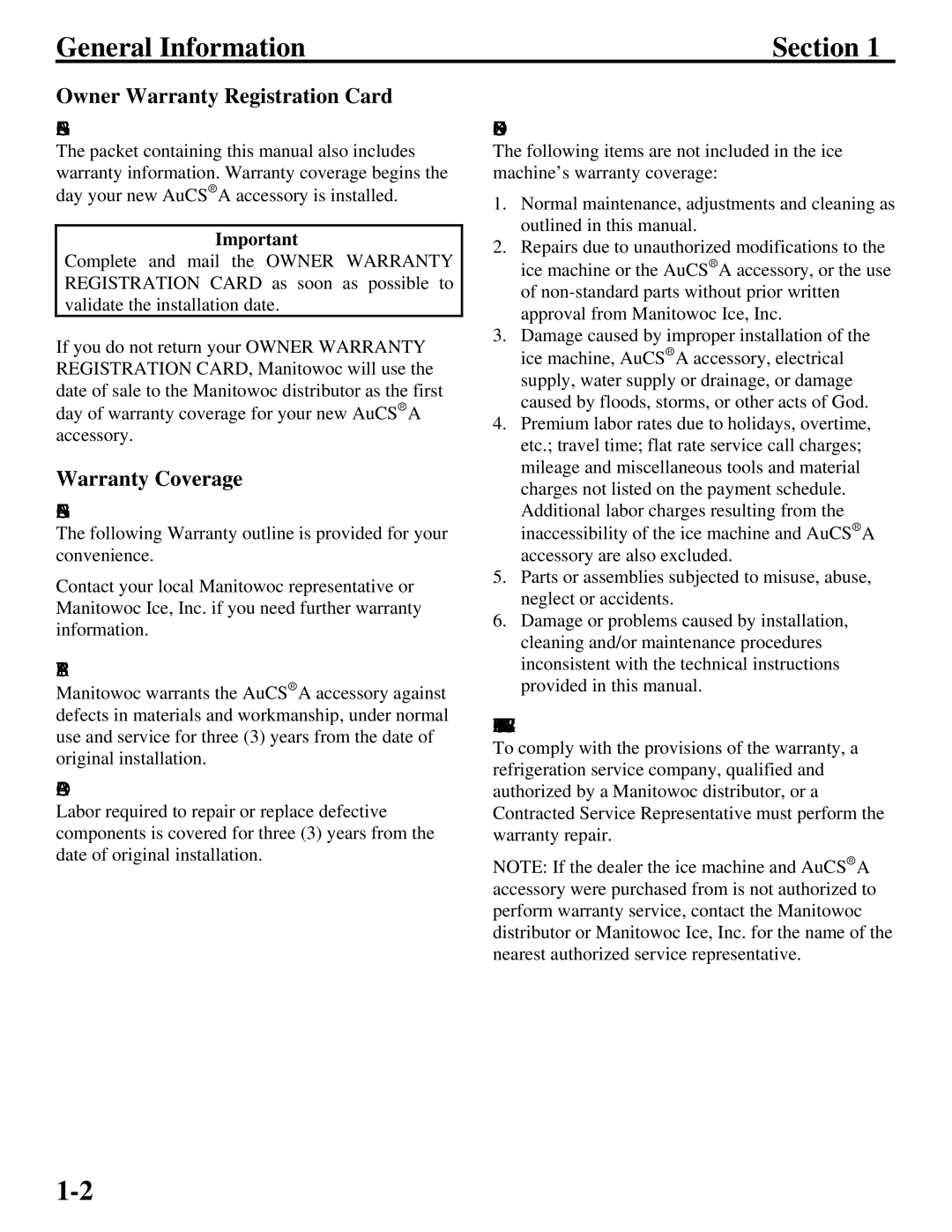 Manitowoc Ice Q specifications General Information Section, Owner Warranty Registration Card, Warranty Coverage 