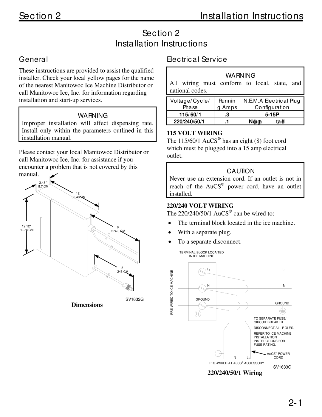 Manitowoc Ice Q specifications Section Installation Instructions, General, Electrical Service 