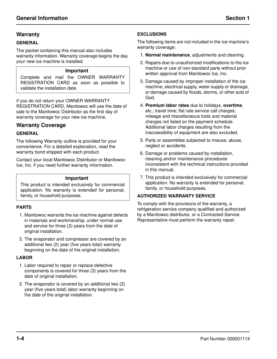 Manitowoc Ice Q manual General Information Section Warranty, Warranty Coverage 