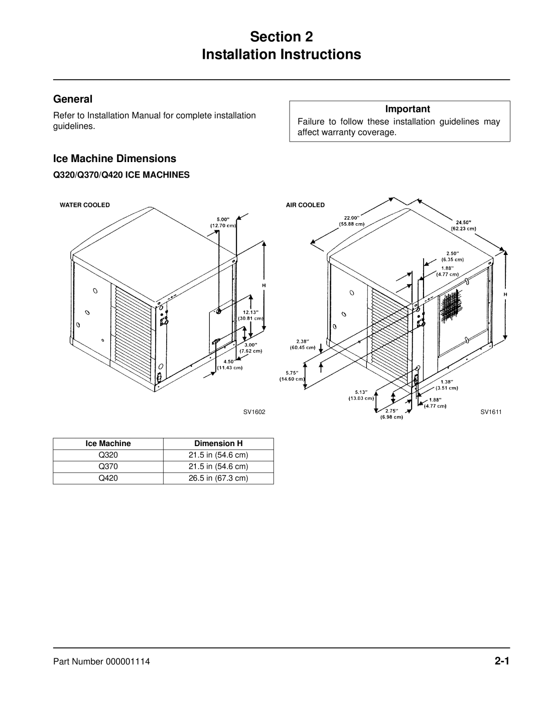 Manitowoc Ice manual General, Ice Machine Dimensions, Q320/Q370/Q420 ICE Machines, Ice Machine Dimension H 