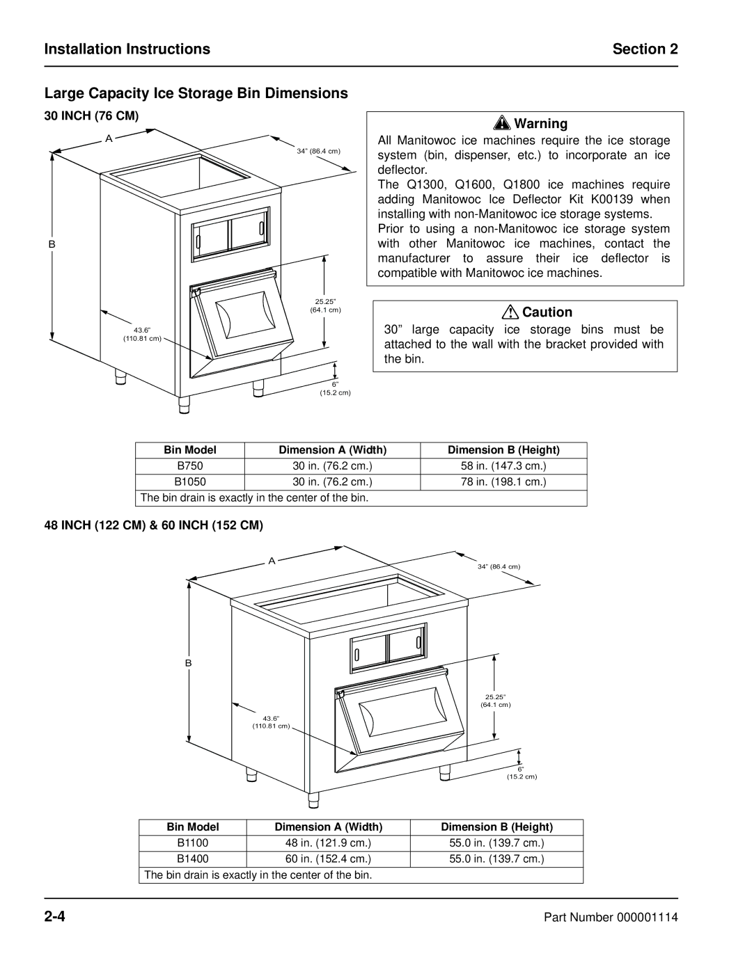 Manitowoc Ice Q manual Inch 76 CM, Bin Model Dimension a Width Dimension B Height 