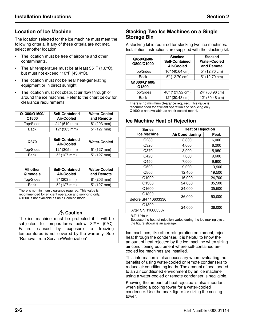 Manitowoc Ice Q manual Installation Instructions Section Location of Ice Machine, Ice Machine Heat of Rejection 