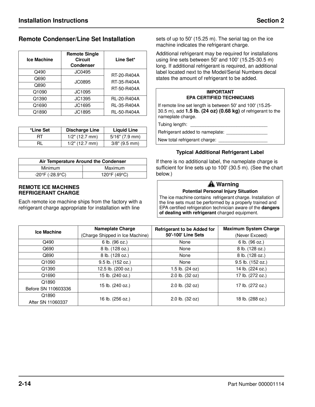 Manitowoc Ice Q manual Typical Additional Refrigerant Label, Remote ICE Machines Refrigerant Charge 