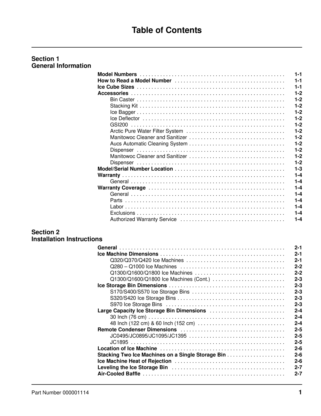 Manitowoc Ice Q manual Table of Contents 