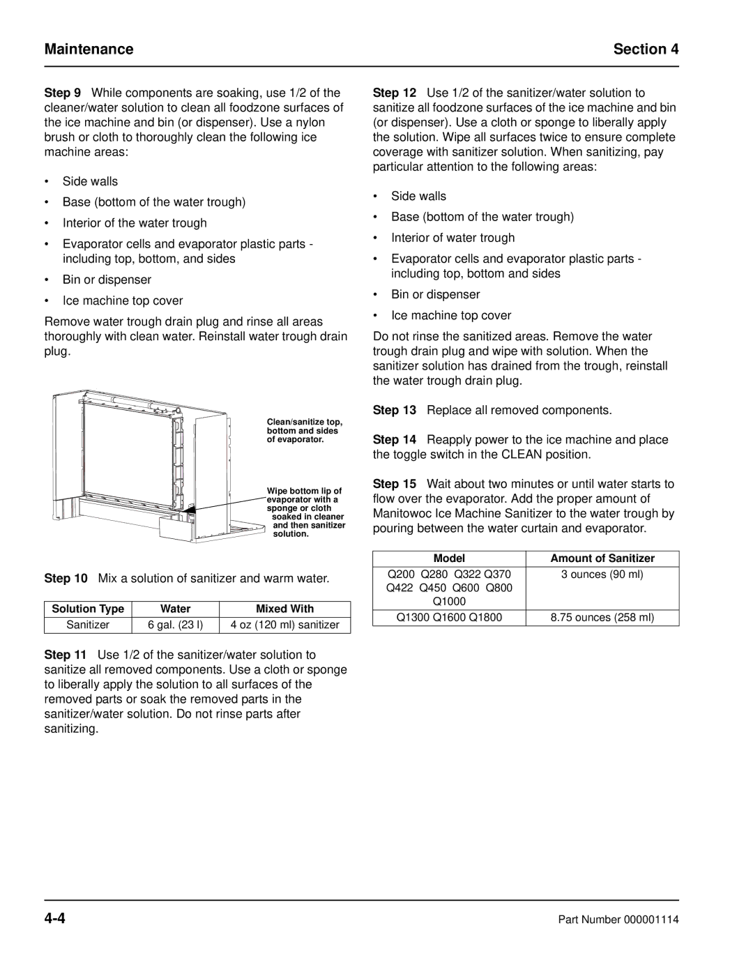 Manitowoc Ice Q manual Mix a solution of sanitizer and warm water, Solution Type, Sanitizer, Oz 120 ml sanitizer 