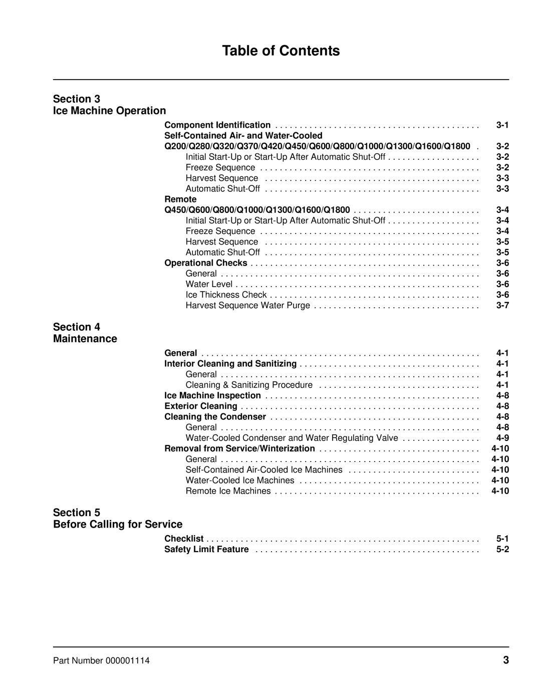 Manitowoc Ice Q manual Section Ice Machine Operation, Section Maintenance, Section Before Calling for Service 