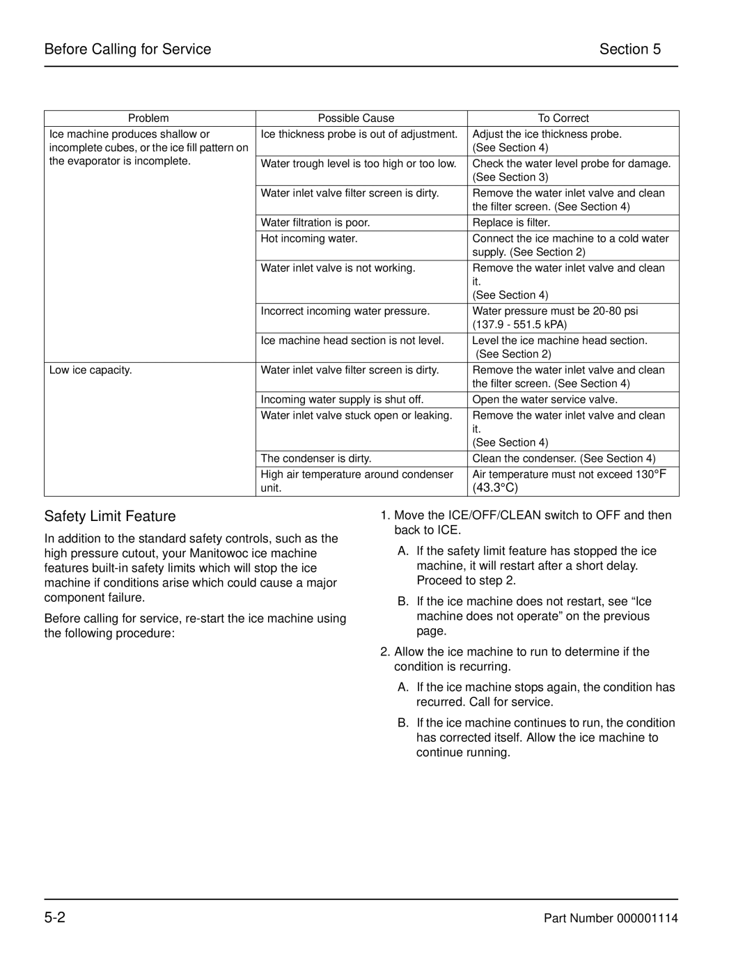 Manitowoc Ice Q manual Before Calling for Service Section, Safety Limit Feature 