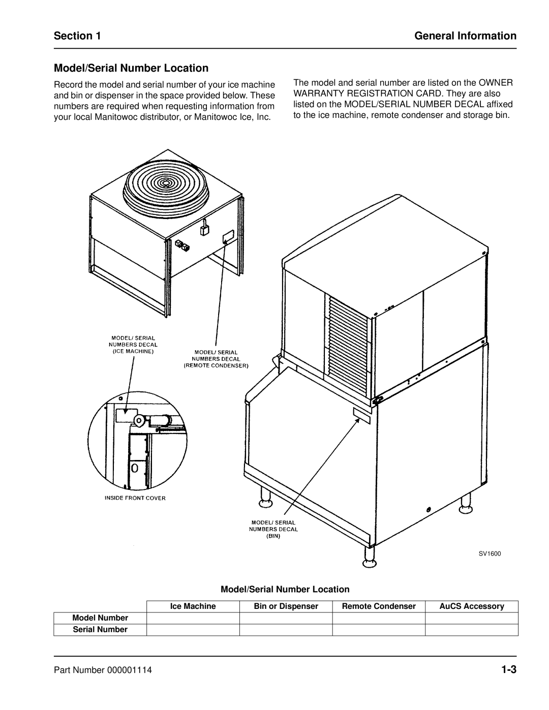 Manitowoc Ice Q manual Section General Information Model/Serial Number Location 