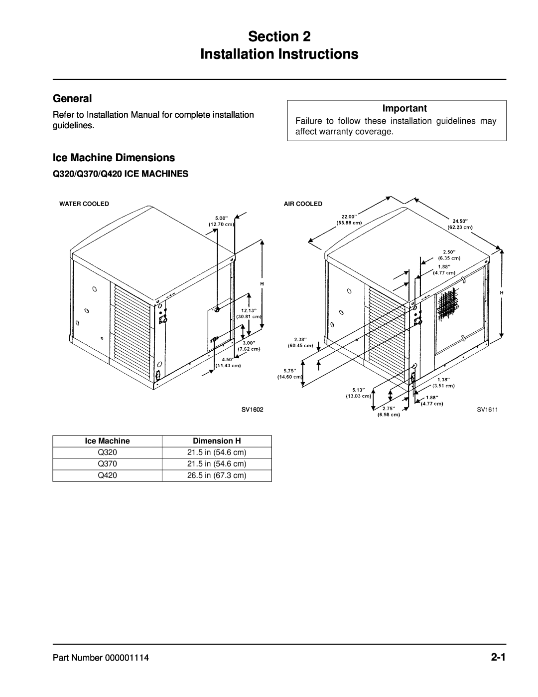 Manitowoc Ice manual Section Installation Instructions, General, Ice Machine Dimensions, Q320/Q370/Q420 ICE MACHINES 