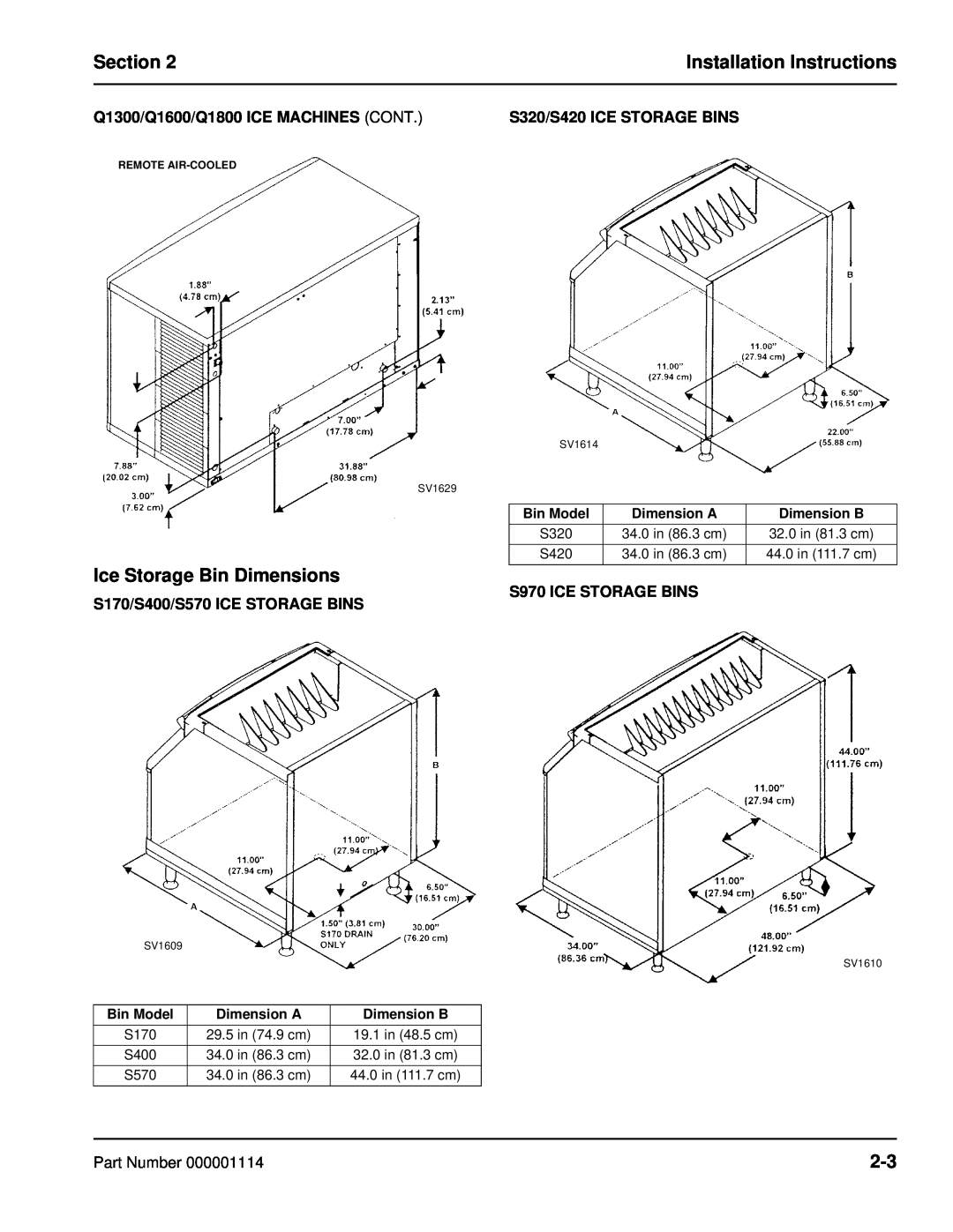 Manitowoc Ice Ice Storage Bin Dimensions, Q1300/Q1600/Q1800 ICE MACHINES CONT, S320/S420 ICE STORAGE BINS, Section 