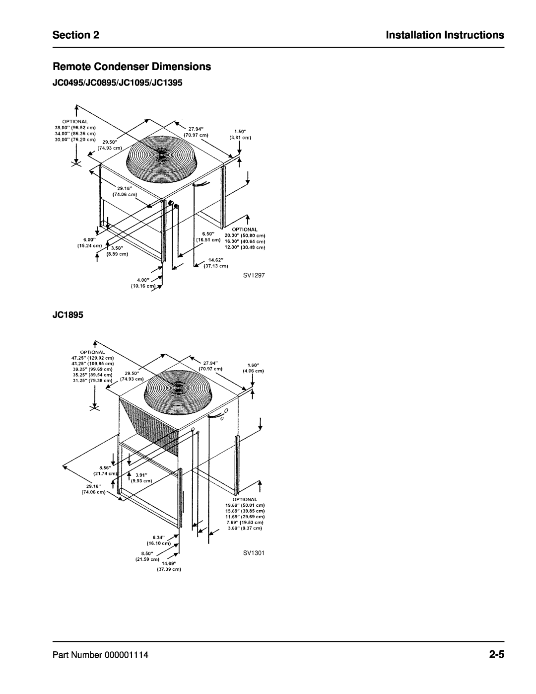 Manitowoc Ice Q manual Remote Condenser Dimensions, Section, Installation Instructions, JC0495/JC0895/JC1095/JC1395, JC1895 