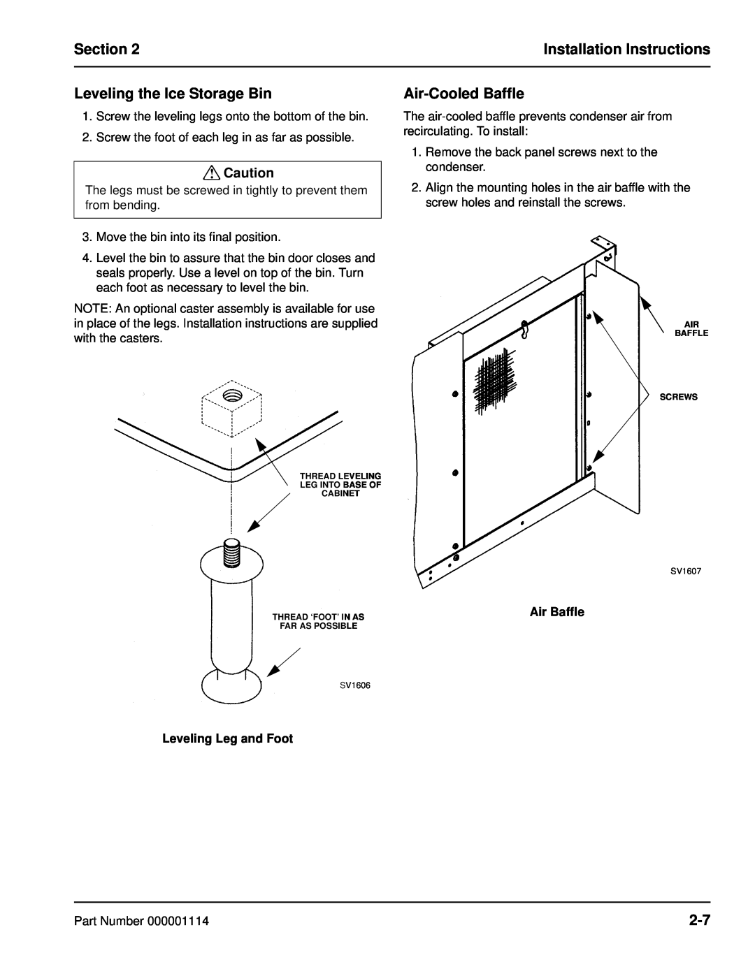 Manitowoc Ice Q manual Leveling the Ice Storage Bin, Air-CooledBaffle, Leveling Leg and Foot, Air Baffle, Section 