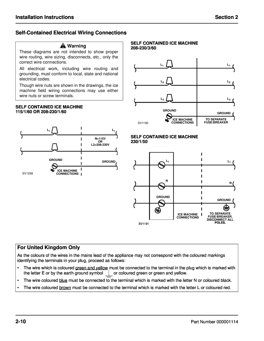 Manitowoc Ice Q Self-ContainedElectrical Wiring Connections, For United Kingdom Only, 2-10, Installation Instructions 
