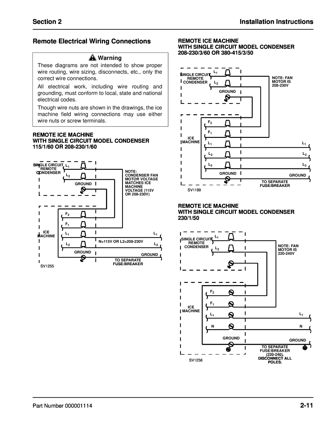 Manitowoc Ice Q manual Remote Electrical Wiring Connections, 2-11, Remote Ice Machine, Section, Installation Instructions 