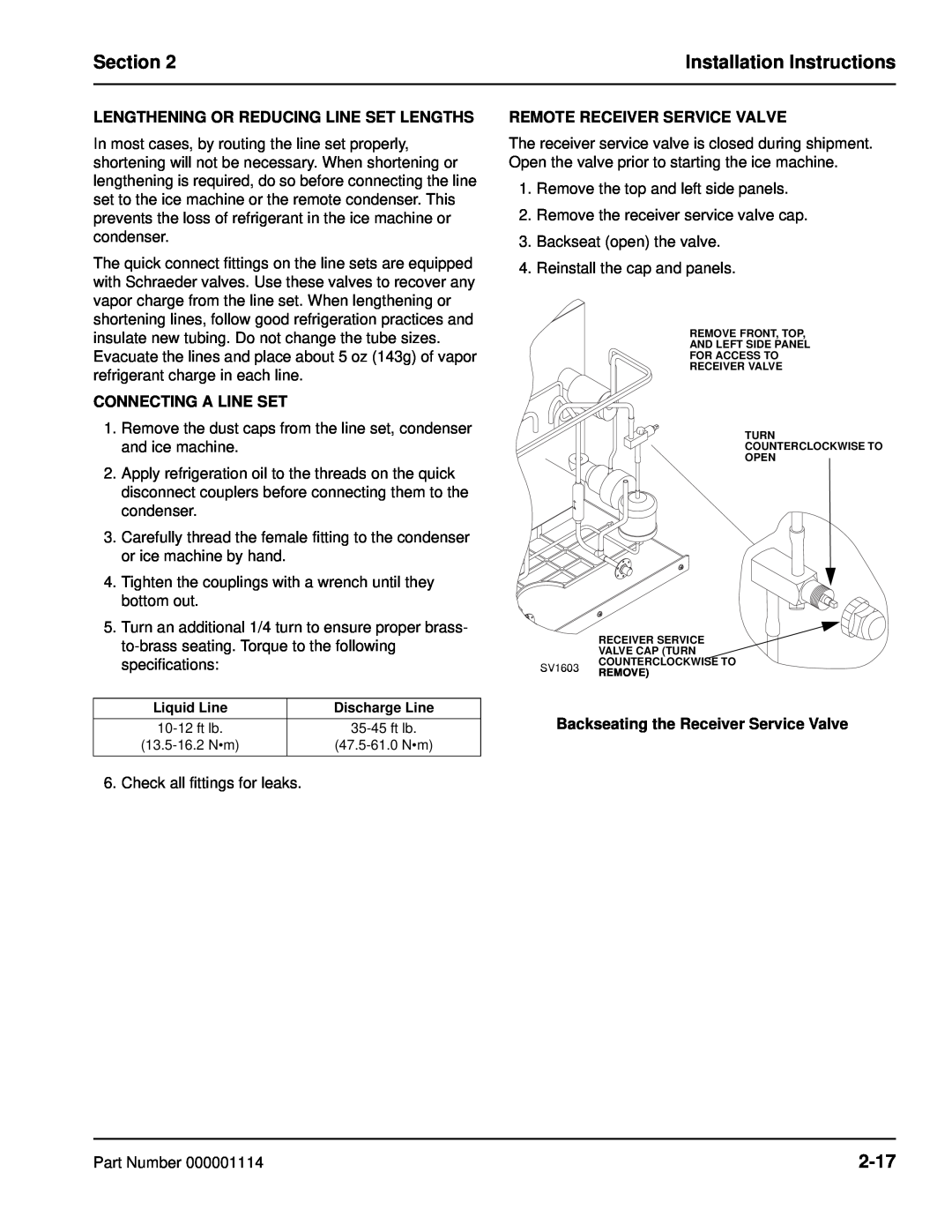 Manitowoc Ice Q manual 2-17, Lengthening Or Reducing Line Set Lengths, Connecting A Line Set, Remote Receiver Service Valve 