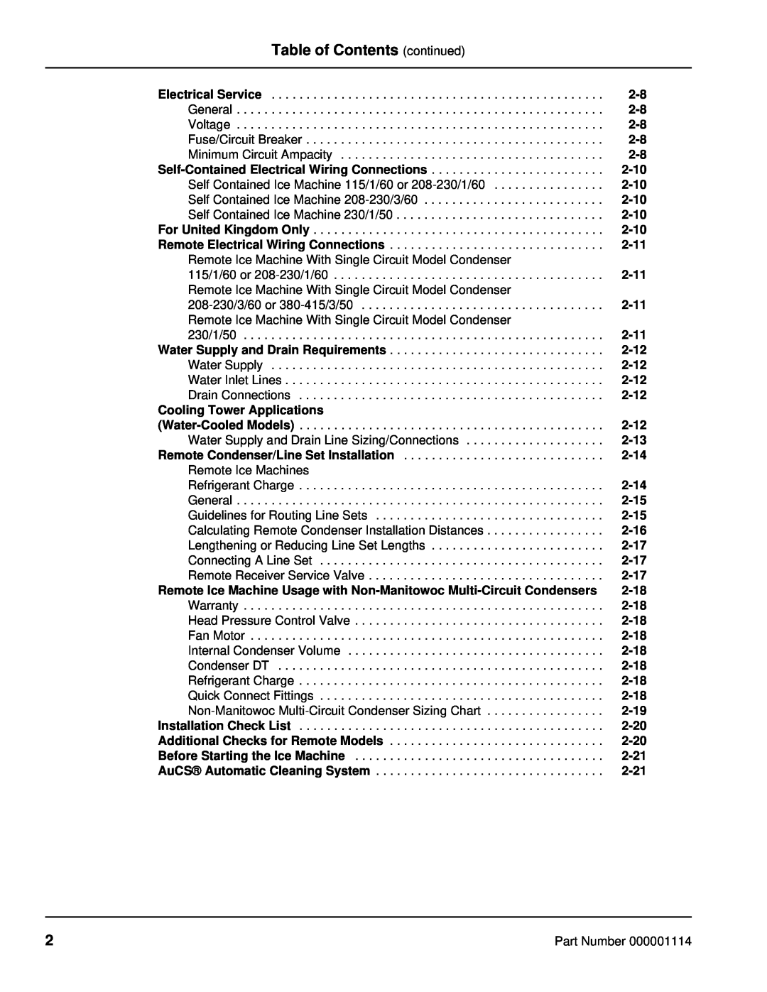 Manitowoc Ice Q Table of Contents continued, Voltage, Fuse/Circuit Breaker, Minimum Circuit Ampacity, 2-10, 2-11, 230/1/50 