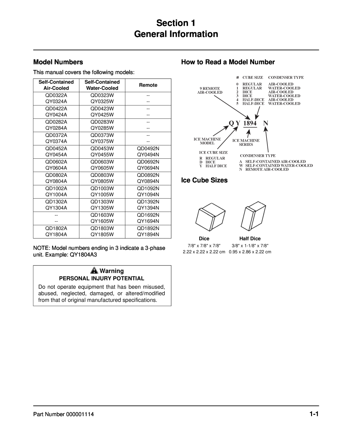 Manitowoc Ice manual Section General Information, Model Numbers, How to Read a Model Number, Ice Cube Sizes, Q Y 1894N 