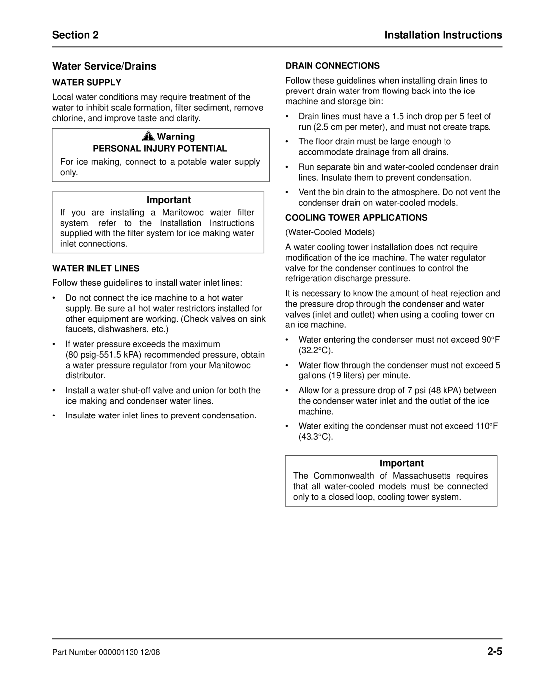 Manitowoc Ice Q130 manual Section Installation Instructions Water Service/Drains, Water Supply, Water Inlet Lines 