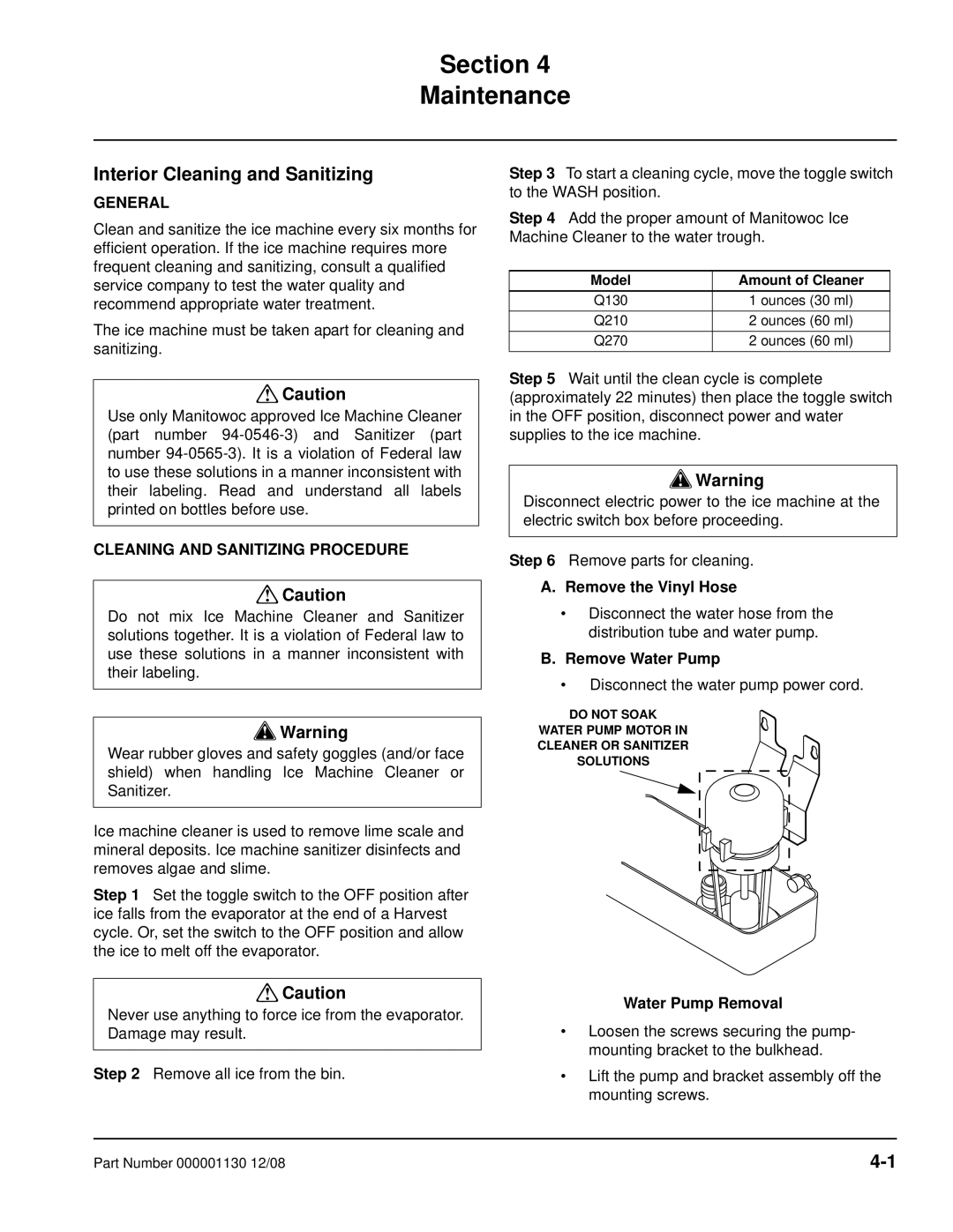 Manitowoc Ice Q130 manual Section Maintenance, Interior Cleaning and Sanitizing, Cleaning and Sanitizing Procedure 