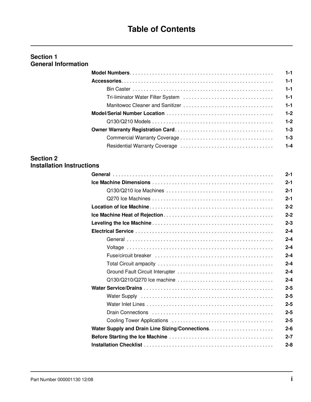 Manitowoc Ice Q130 manual Table of Contents 