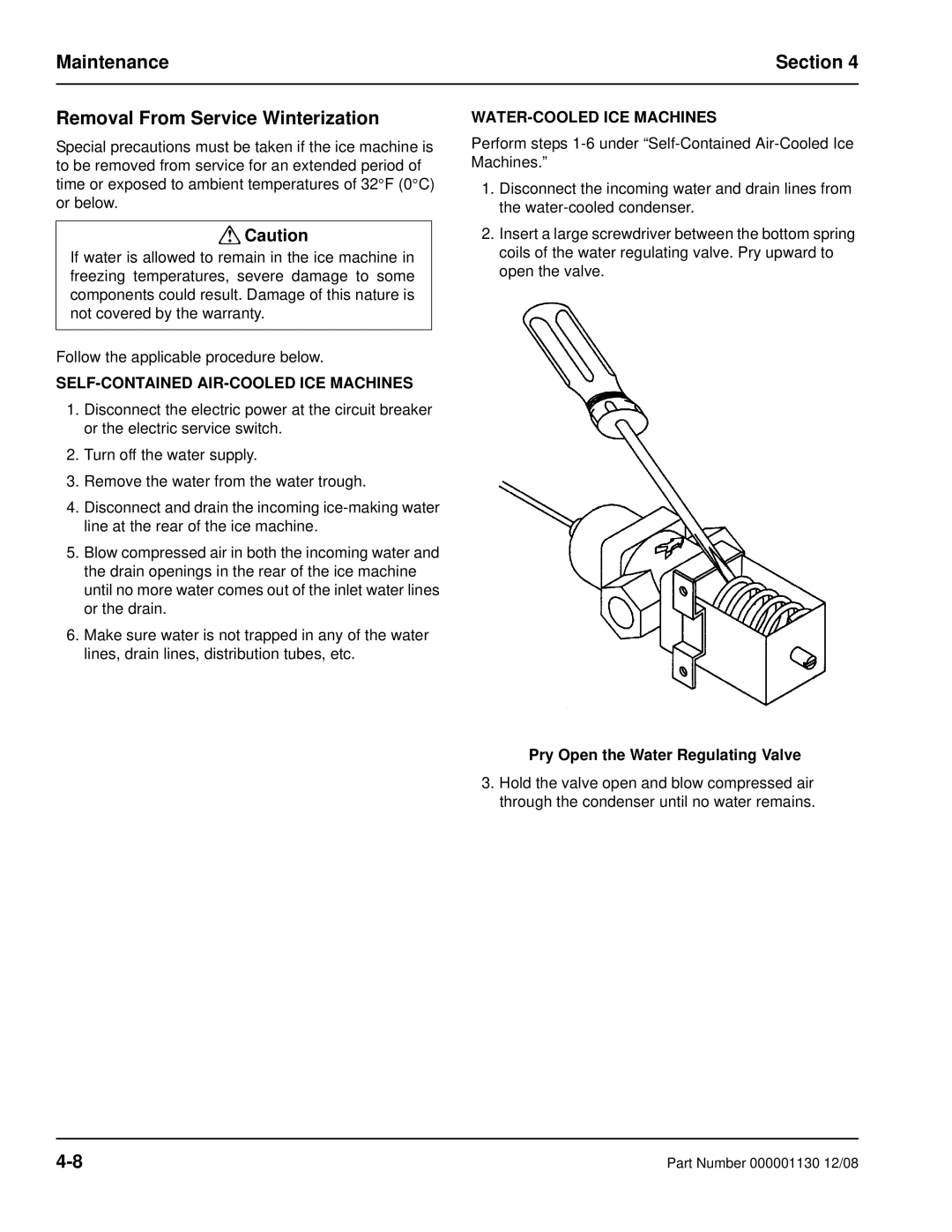 Manitowoc Ice Q130 manual Maintenance Section Removal From Service Winterization, SELF-CONTAINED AIR-COOLED ICE Machines 