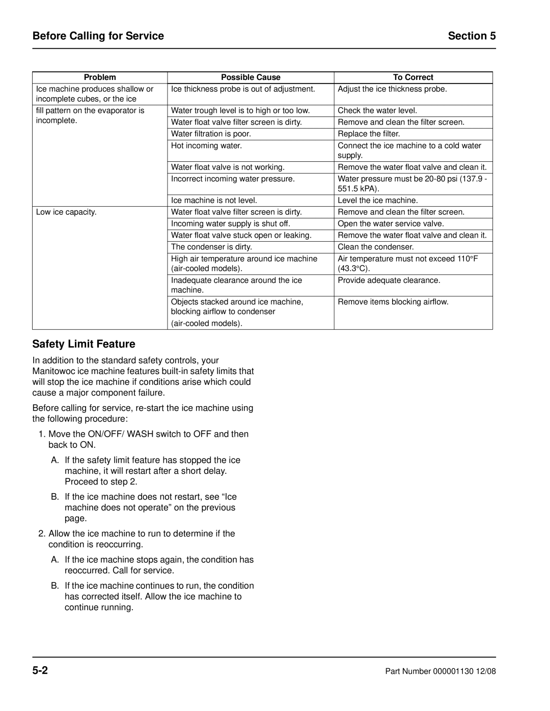 Manitowoc Ice Q130 manual Before Calling for Service Section, Safety Limit Feature 