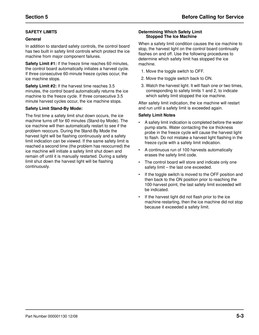 Manitowoc Ice Q130 manual Safety Limits, Safety Limit Stand-By Mode, Determining Which Safety Limit Stopped The Ice Machine 