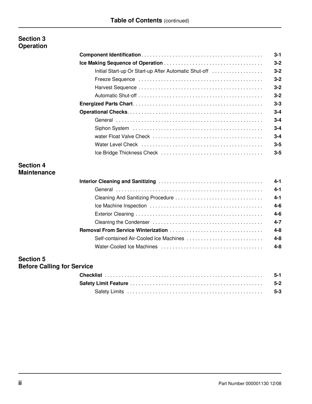 Manitowoc Ice Q130 manual Table of Contents Section Operation, Section Maintenance, Section Before Calling for Service 