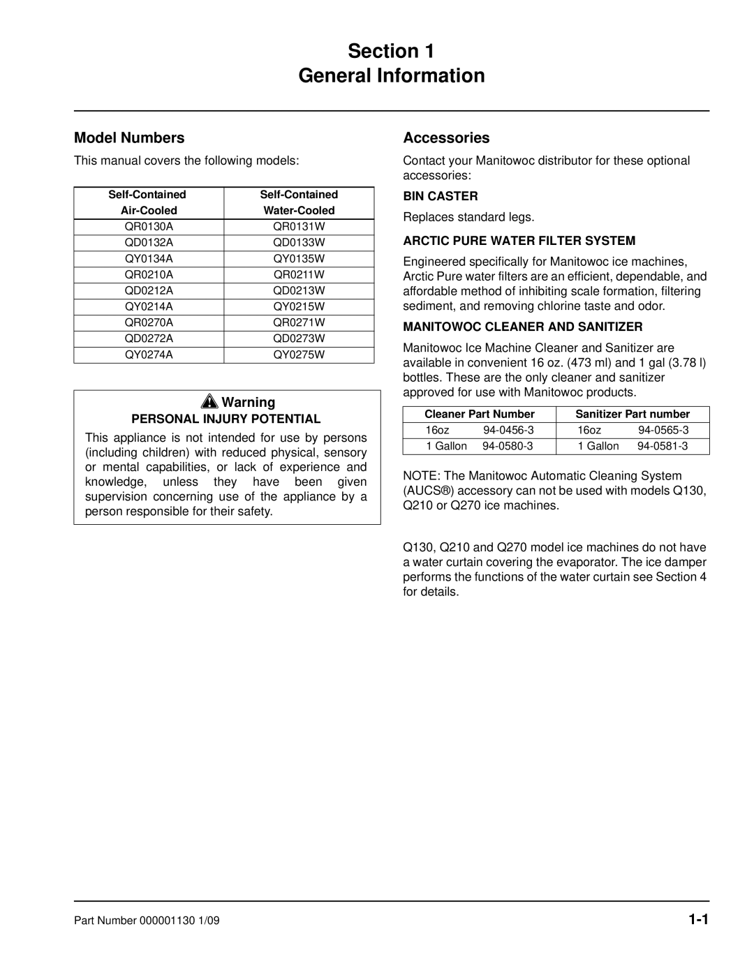 Manitowoc Ice Q130 manual Section General Information, Model Numbers, Accessories 