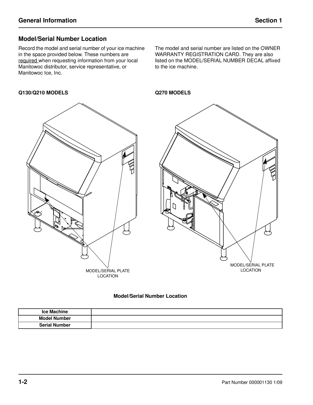 Manitowoc Ice Q130 manual General Information Section Model/Serial Number Location, Q270 Models 