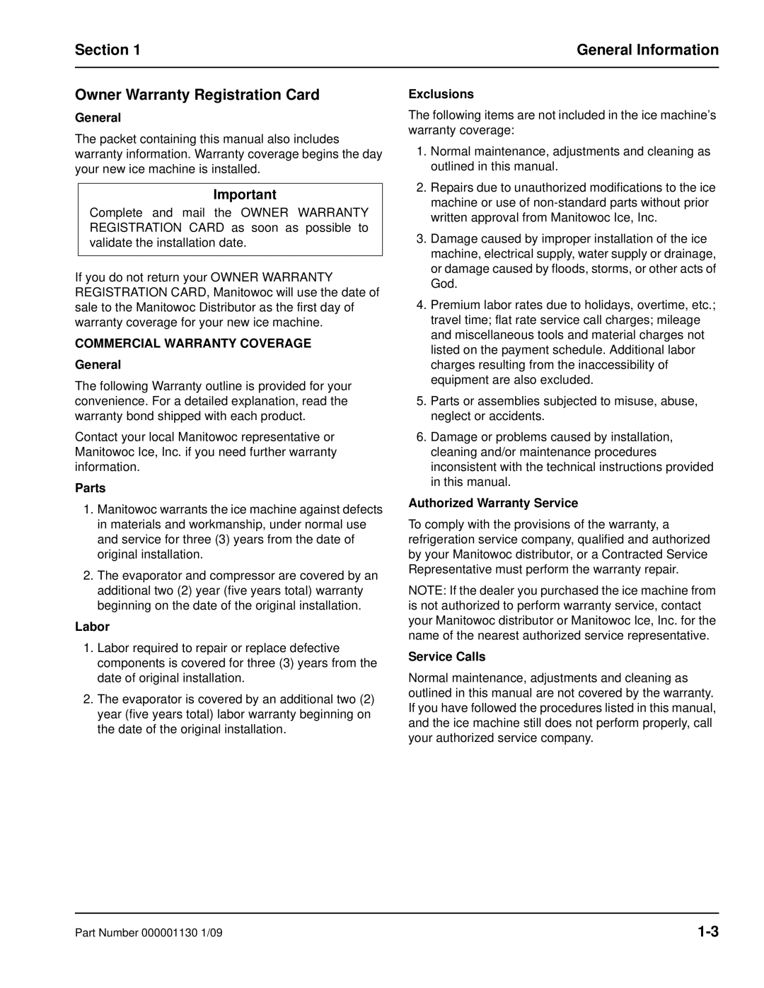 Manitowoc Ice Q130 manual Commercial Warranty Coverage General, Parts, Labor, Exclusions, Authorized Warranty Service 