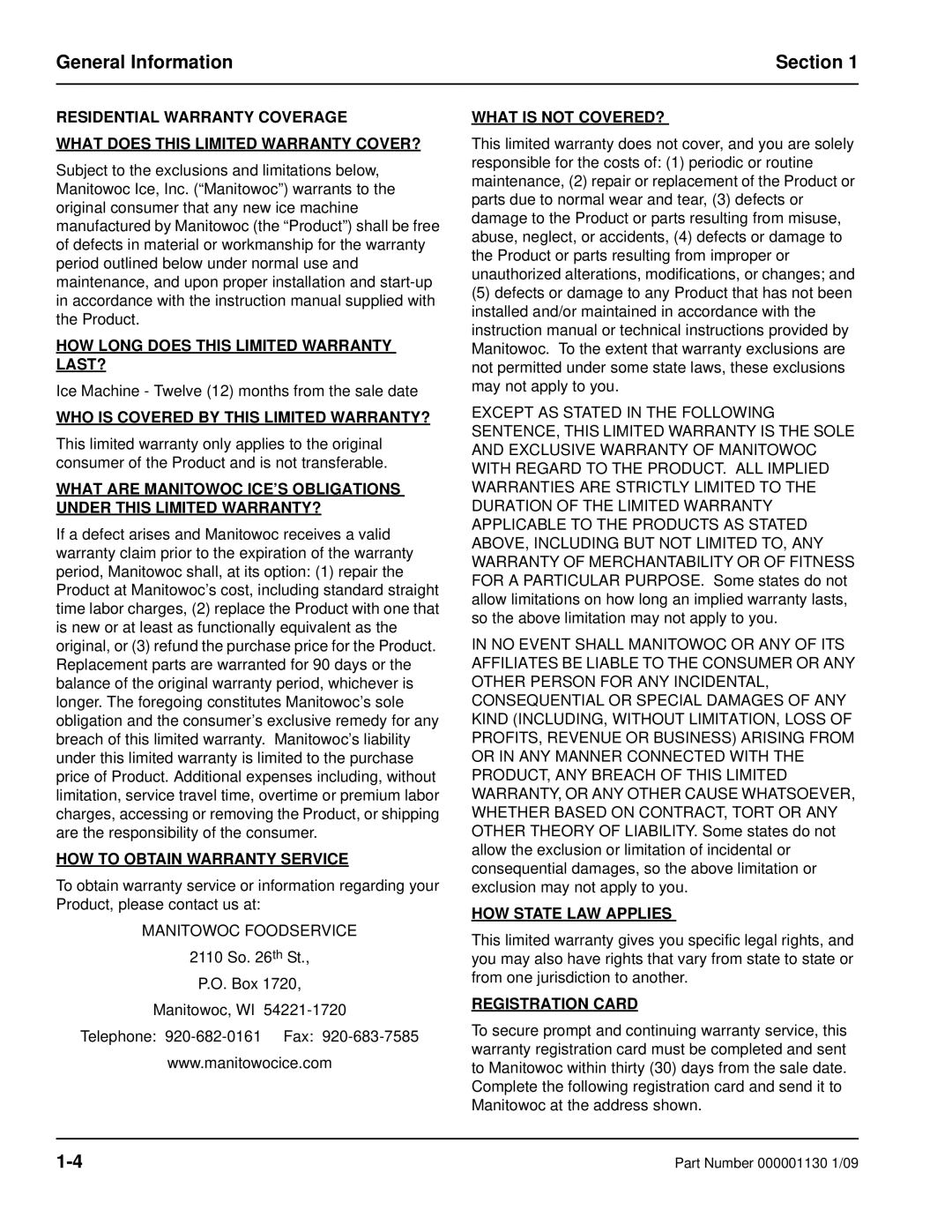 Manitowoc Ice Q130 manual General Information Section 